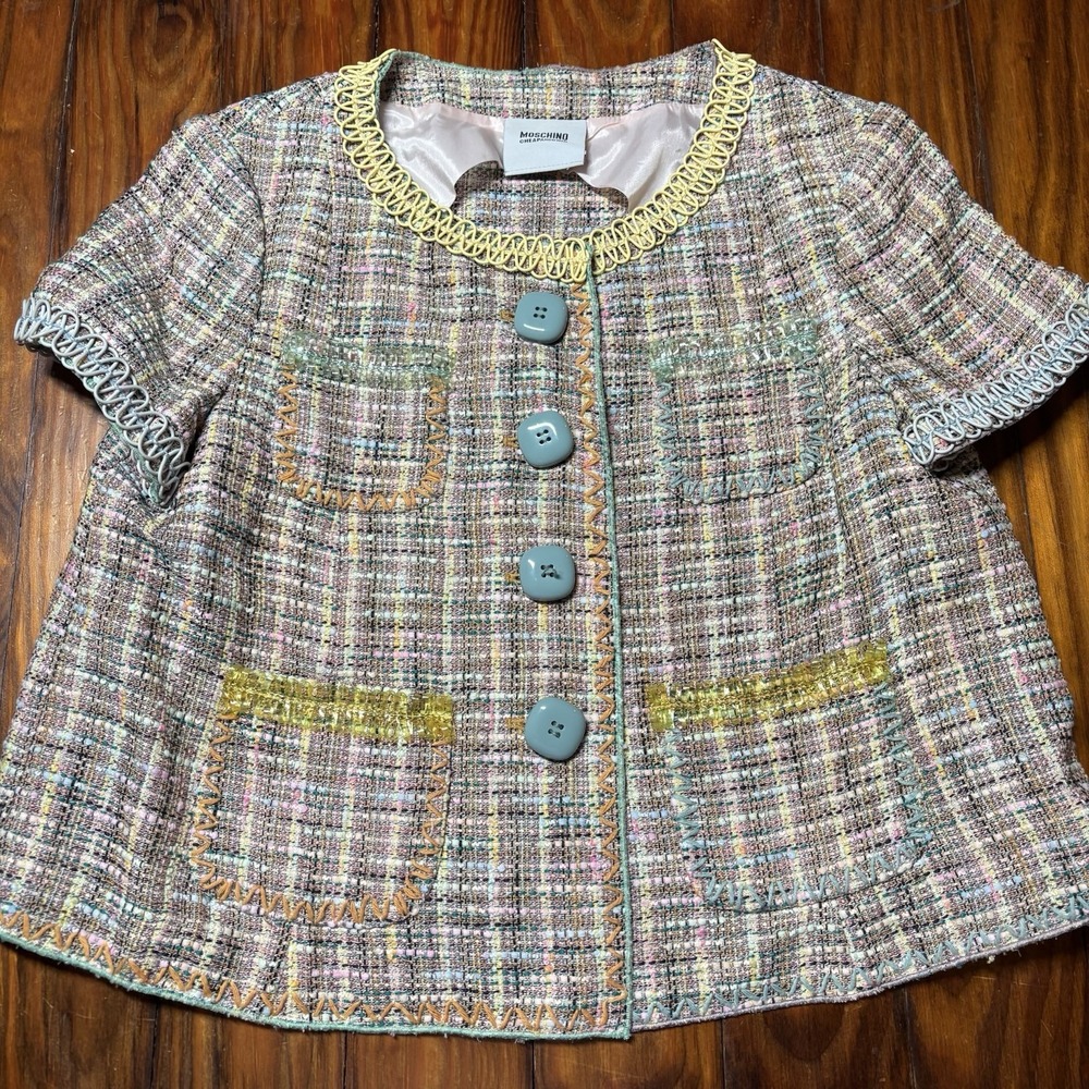Moschino Pastel Tweed Short Sleeve Blazer with Blue Buttons